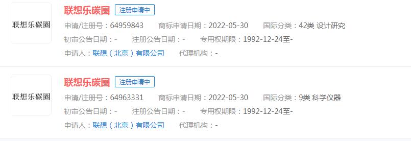 聯(lián)想申請“聯(lián)想樂碳圈”商標(biāo)，目前狀態(tài)顯示申請中