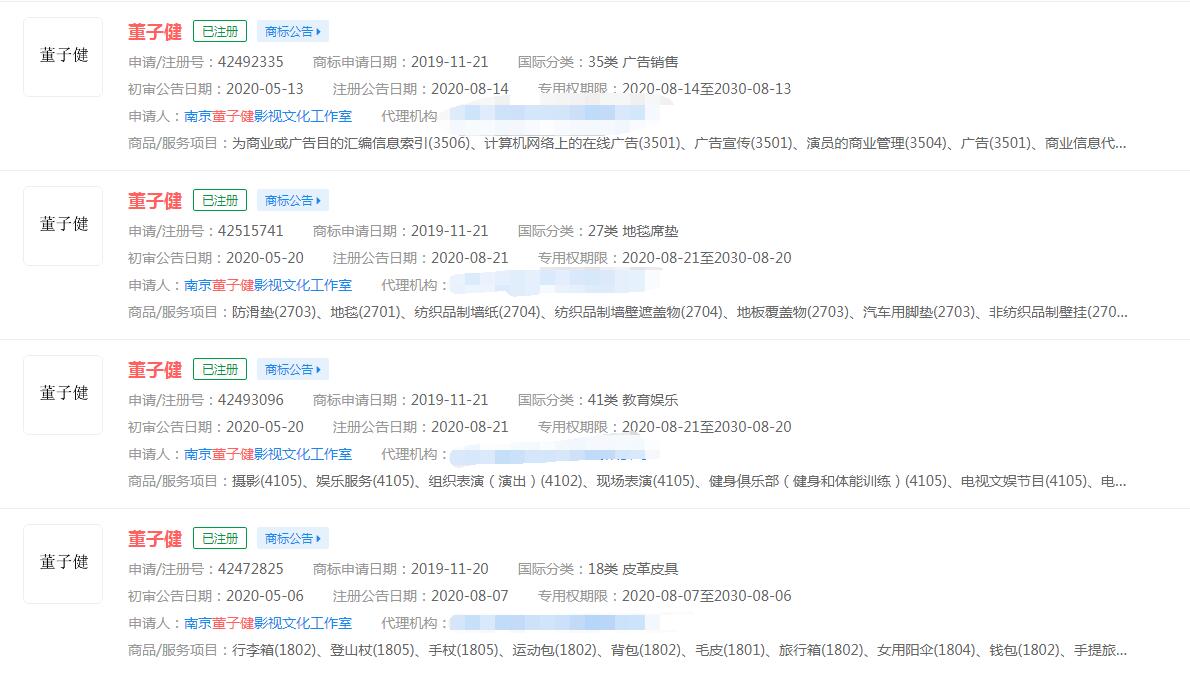 董子健孫怡兩人宣布離婚，我們來看看“董子健”“孫怡”商標注冊情況1